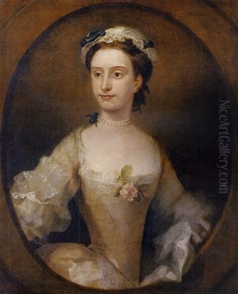 Portrait Of A Lady, Peg Woffington (?), In A White Satin Dress With A Pink Rose, With A Pearl Necklace And A White Cap - view 1