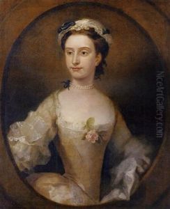 Portrait Of A Lady, Peg Woffington (?), In A White Satin Dress With A Pink Rose, With A Pearl Necklace And A White Cap