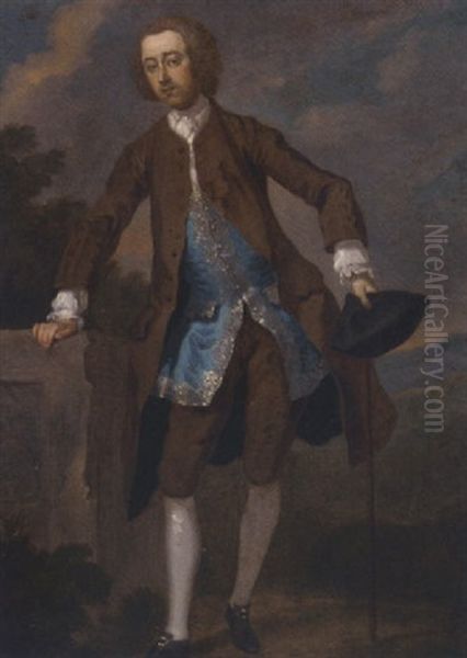 Portrait Of Gustavus Hamilton, 2nd Viscount Boyne, In A Brown Frock Coat And Blue Waistcoat, Holding His Cane And Tricorn Hat In His Left Hand - view 1