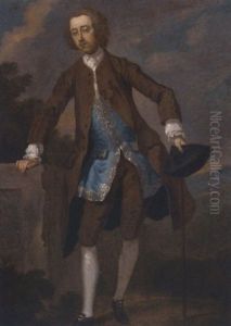 Portrait Of Gustavus Hamilton, 2nd Viscount Boyne, In A Brown Frock Coat And Blue Waistcoat, Holding His Cane And Tricorn Hat In His Left Hand by William Hogarth