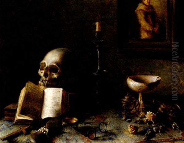 Memento Mori. Aufgeschlagener Foliant, Brille, Kerzenleuchter Und Nautilusschale - view 1