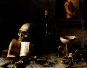 Memento Mori. Aufgeschlagener Foliant, Brille, Kerzenleuchter Und Nautilusschale