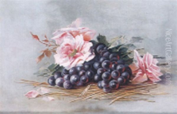 Stilleben Mit Rosenblutten Und Blauen Trauben - view 1