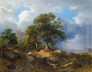 Hirtin Mit Ihrer Herde Am Heimweg Vor Nahendem Unwetter, Im Hintergrund Eine Burgruine by Joseph Hoeger