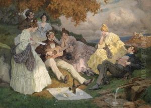 Frohliche Sangesrunde Mit Einer Donaulandschaft (wachau?) Im Hintergrund by Rudolf Alfred Hoeger