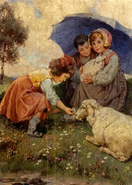 Kinder Spielen Mit Lammlein Und Futtern Das Schaf - view 1