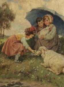 Kinder Mit Schafen Auf Der Sommerwiese Kinder Mit Schafen Auf Der Sommerwiese