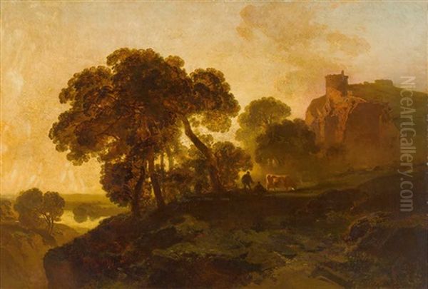 Herbstliche Fluss-/weidelandschaft Vor Burghugel, Hinterfangen Von Abendlichem Licht - view 1