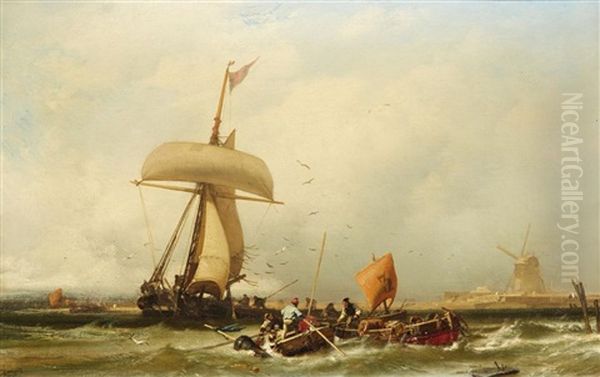 Dutch Coastal View With A Sailing Ship And Bo - view 1
