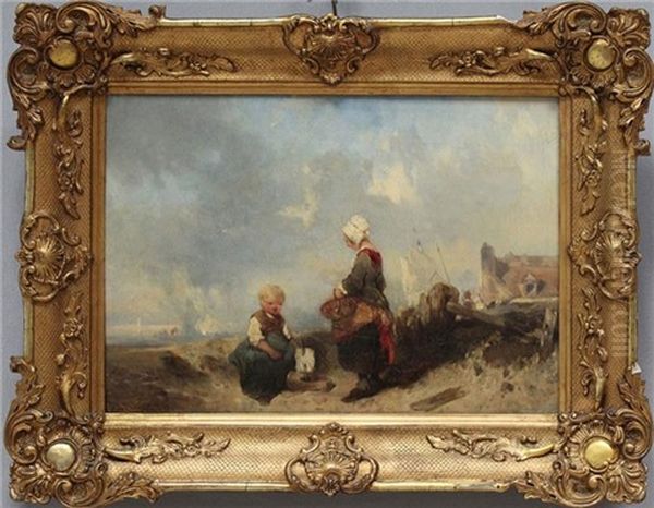 Hollandische Kuste Mit Kindern Vor Stadtsilhouette - view 1