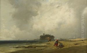 Fischerpaar An Der Hollandischen Kuste, Im Hintergrund Die Silhouette Einer Stadt