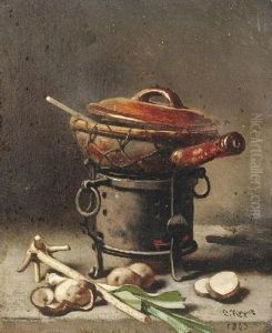 Kuchenstilleben Mit Einer Casserolle Auf Einem Stofchen, Davor Lauchgemuse Und Kartoffeln Kuchenstilleben Mit Einer Casserolle Auf Einem Stofchen, Davor Lauchgemuse Und Kartoffeln