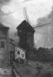 Blick Auf Eine Windmuhle Unter Einem Bewolktem Abendhimmel by Charles Hoguet
