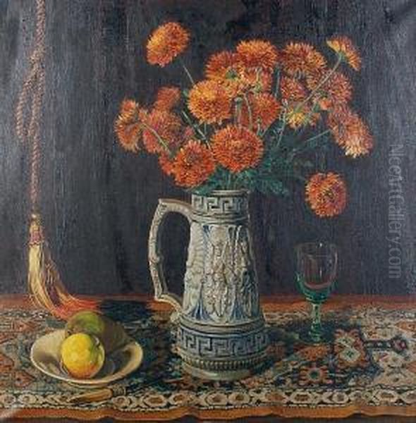 Still Life With Vase Of Chrysanthemums On A Patterned Rug - view 1