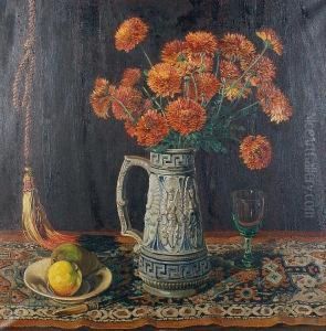 Still Life With Vase Of Chrysanthemums On A Patterned Rug