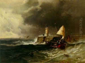 A Stormy Seascape With A Fishing Smack By A Lighthouse On A Jetty And Other Sailing Vessels Beyond