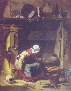 Kokkeninterior Med Kvinde Og Kat by Charles Hoguet