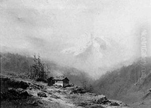 An Alpine Landscape With Figures By A Mountain Hut by Charles Hoguet