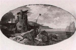 Kustenlandschaft Mit Fischern Bei Einer Ruine Am Ufer Vorn by Charles Hoguet