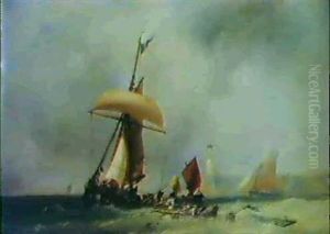 Fishing Vessels In A Strong Breeze Off Shore, A Lighthouse  Beyond