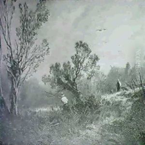 An Angler On A Wooded Riverbank by Charles Hoguet