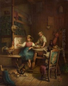 Brother And Sister With Family Of Hens And Dog In A Room by Friedrich Hohbach