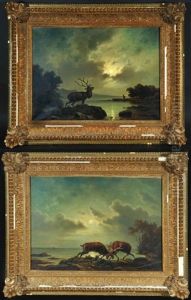 Zwei Rohrende Hirsche Am Seeufer Bei Vollmond Und Zwei Kampfende Hirsche Am Seeufer Bei Vollmond (2 Works) by Friedrich Hohe