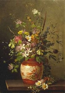 Stilleben Mit Bunten Wiesenblumen In Einer Asiatischen Vase by Enrico Hohenberger