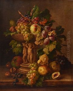 Still Life - Tazza With Mixed Fruit On A Ledge by Franz Hohenberger