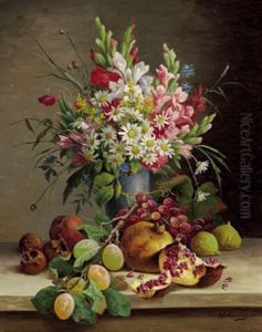 Stilleben Mit Blumen In Vase Und Fruchten by Franz Hohenberger