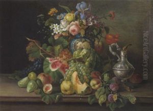 Stilleben Mit Buntem Blumenstraus, Fruchten Und Karaffe