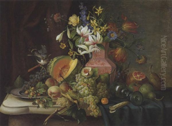 Stilleben Mit Buntem Blumenstraus, Fruchten Und Vogel - view 1