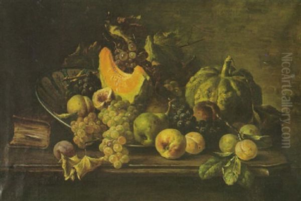 A Still Life With A Squash, Peaches, Grapes, Other Fruit And A Bowl And A Book On A Tabletop - view 1