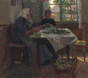 Apfelschalende Frauen In Schwarzwaldstube by Adolfo Hohenstein