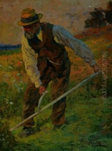 Bauer Mit Sense An Einem Bluhenden Wiesenhang by Adolfo Hohenstein