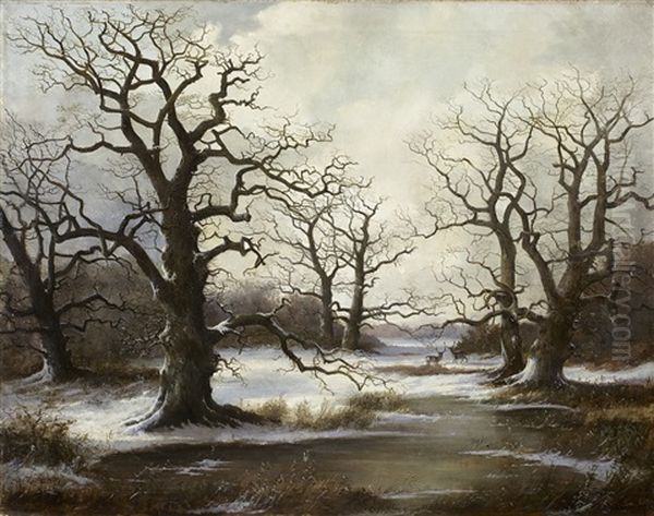Winterlandschaft Mit Alten Eichen Und Zwei Hirschen - view 1