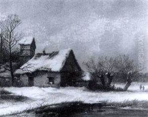 Verschneite Flusslandschaft Mit Baumbestandenem Ufer Und Einer Bauernkate by Georg Hoehn