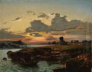 Fishermen At Sunrise by Adolf Hohneck
