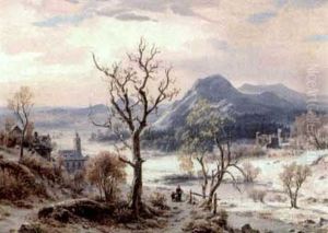 Weite Winterlandschaft Mit Zugefrorenem See Und Einem Dorf by Adolf Hohneck