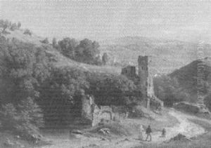 Hugelige Landschaft Mit Einer Burgruine Und Figurenstaffage by Adolf Hohneck