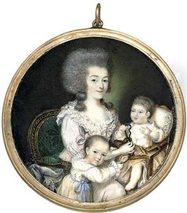A Group Portrait Of A Mother With Her Two Children, She Wearing A White-dotted Pink Chemise A La Reine With Frilled Lace Collar And Seated In A Green-upholstered Armchair by Francois Joseph Hohr