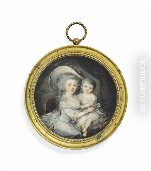 A Mother, In Pale Grey Dress With Lace Fichu, Pearl Necklace And Earrings, Her Hair Powdered And Frizzed, Wearing A Wide-brimmed Hat - view 1