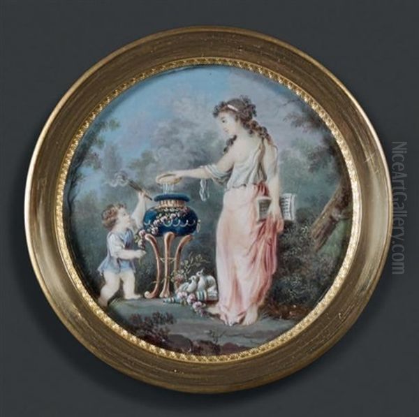 Offrande A L'autel De L'amour: Une Jeune Femme Vetue A L'antique Pres D'une Urne, Un Amour A Ses Cotes Tenant Une Torche, Dans Un Paysage - view 1
