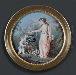 Offrande A L'autel De L'amour: Une Jeune Femme Vetue A L'antique Pres D'une Urne, Un Amour A Ses Cotes Tenant Une Torche, Dans Un Paysage
