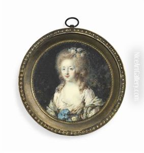 A Young Lady In A Landscape, In Decollete White Dress With Blue Sash Tied With A Bow, Powdered Curling Hair Decorated With Roses; Floral Landscape
