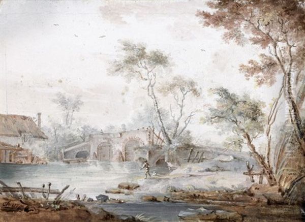 Pecheur Au Pied D'un Pont (+ Lavandiere Devant Un Moulin; Pair) - view 1
