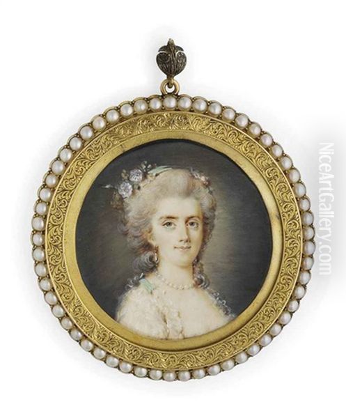 Comtesse Diane De Polignac, In Decollete White Dress, Flowers And Peppermint Green Ribbon In Her Upswept Powdered Hair, Wearing A Pearl Necklace And Earrings - view 1