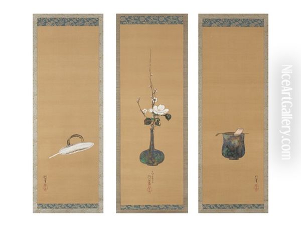 Raku/white Camellia/feather Brush (a Set Of Three Scrolls) - view 1