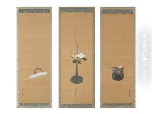Raku/white Camellia/feather Brush (a Set Of Three Scrolls)