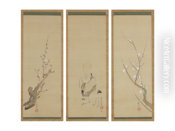 The God Of Longevity, A Crane And Plum Trees (a Set Of Three Scrolls) - view 1